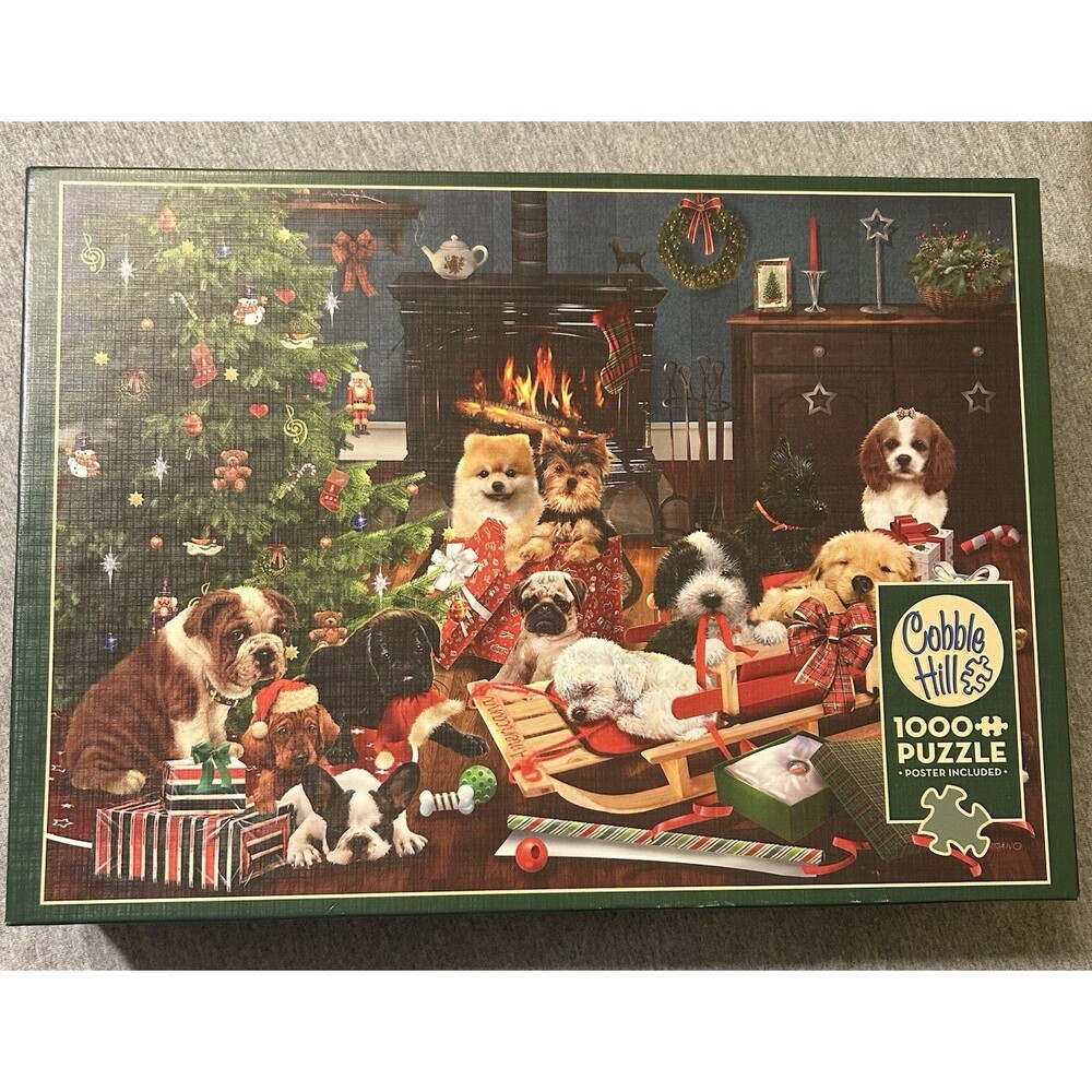 Cobble Hill Christmas Puppies 1000 Pc Puzzle Holiday Dogs Poster New